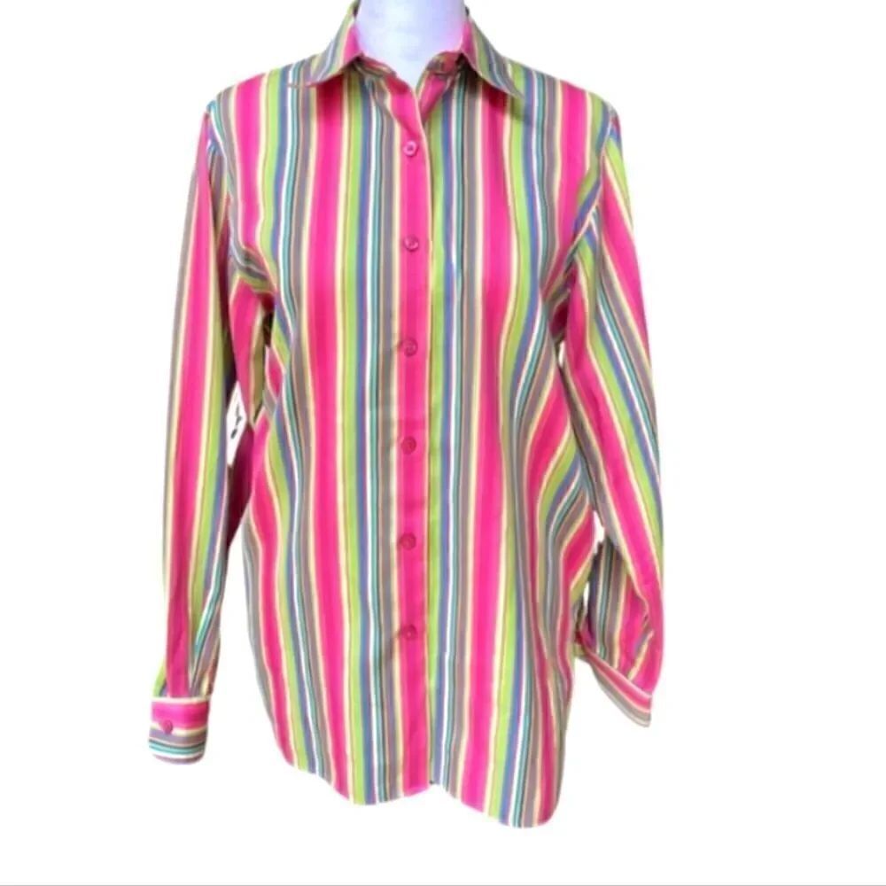 EC FOXCROFT WRINKLE FREE BUTTON UP STRIPED BLOUSE SZ. 14